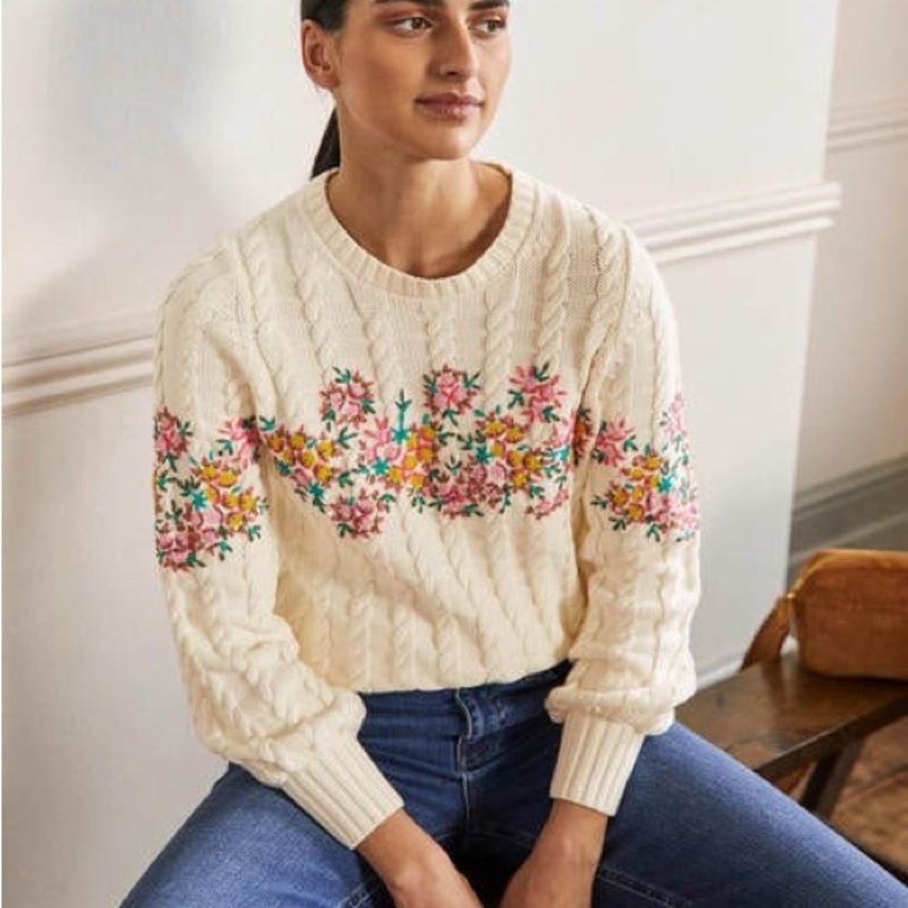 Boden Cream Sweater with Floral Embroidery